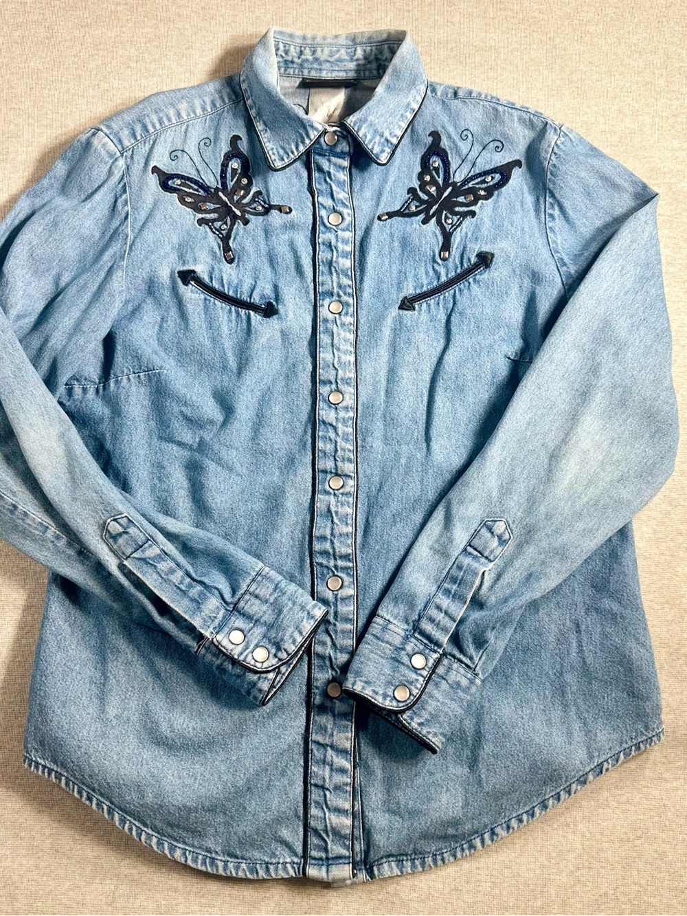 Embellished Vintage Western button down shirt Black Beaded/Rhinestone Butterfly